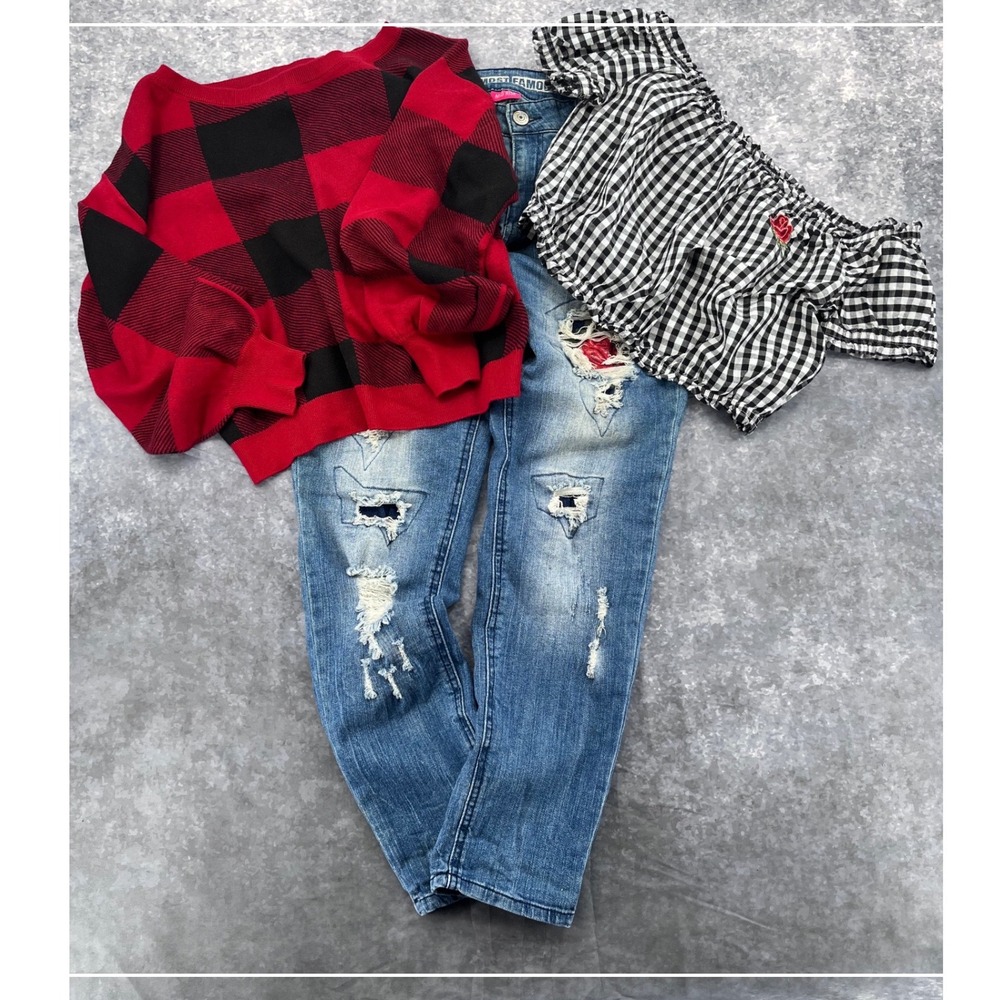 Cato Ambiance Almost Famous Bundle Women Red Blue Good Plaid Distressed Rose